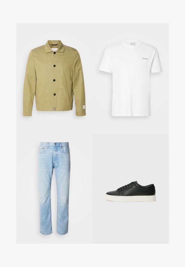 Light olive green jacket made of linen, featuring a straight cut, black buttons, and a tag on the sleeve. No patterns or embellishments visible.; White cotton T-shirt with short sleeves and a crew neckline. Features a small black "Calvin Klein" logo on the left chest.; Light blue denim jeans with a straight leg cut, featuring faded sections, five-pocket design, and a classic button fly.; Black leather sneakers with perforated texture, round toe, and flat white rubber sole. Features black laces and a subtle logo on the side.