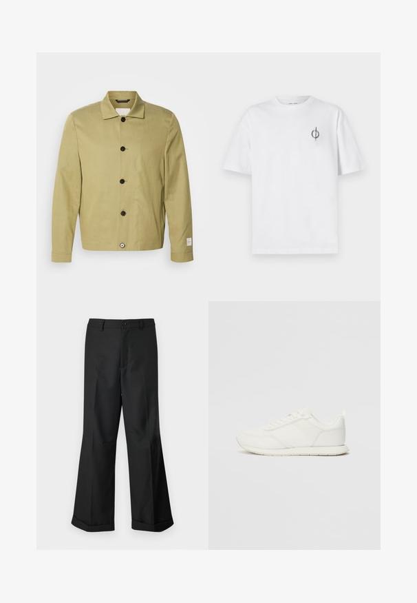 Veste vert olive clair en lin, présentant une coupe droite, des boutons noirs et une étiquette sur la manche. Aucun motif ni ornement visible.; T-shirt en coton blanc avec une coupe décontractée, présentant un petit logo graphique noir sur le côté gauche de la poitrine. Manches courtes, col rond.; Pantalons noirs à jambes larges avec taille boutonnée et ourlets retroussés, présentés sur un arrière-plan blanc uni.; Sneaker blanche avec une tige en mesh et en synthétique, bout rond, lacets plats et une bande latérale texturée. Semelle en caoutchouc avec une languette à l'arrière.