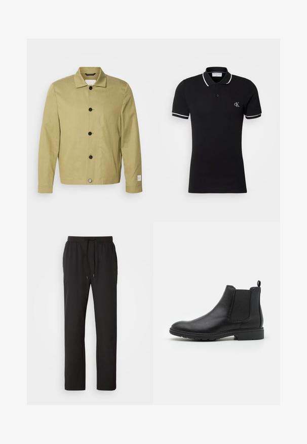 Světle olivově zelená bunda z lnu, s rovnými liniemi, černými knoflíky a štítkem na rukávu. Žádné vzory ani ozdoby nejsou viditelné.; Černé polo tričko vyrobené z bavlny, s mírným elastickým efektem, s bílým límcem a lemy rukávů a malým logem na hrudi.; Černé joggingové kalhoty vyrobené z lehkého materiálu, s elastickým pasem a nastavitelnými šňůrkami, bočními kapsami. Hladká textura.; Černé kožené Chelsea boty s elastickými bočními panely a poutkem, s kulatou špičkou a texturovanou gumovou podrážkou.