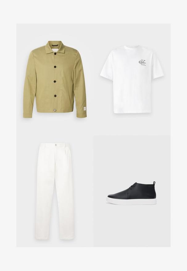 Lys olivengrøn jakke lavet af linned, med lige snit, sorte knapper og et mærke på ærmet. Ingen mønstre eller udsmykninger synlige.; Hvid bomulds t-shirt med korte ærmer, rund hals, med et sort CK-logo på venstre brystområde, standard pasform, glat tekstur.; Hvide bukser lavet af glat stof, med en lige ben design, forpleater og en enkelt knap lukning i taljen.; Sorte læder højtop sneakers med en glat finish, hvid gummisål og simpel snørebåndsdesign. Har en pull tab bagpå.
