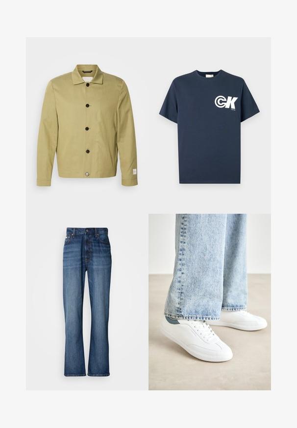 Jachetă de culoare verde olive deschis, confecționată din in, cu o croială dreaptă, nasturi negri și un etichetă pe mânecă. Fără modele sau embellishments vizibile.; Tricou bleumarin cu mânecă scurtă și decolteu rotund, cu logo CK alb și textul „Calvin Klein” pe pieptul stâng.; Blugi din denim albastru cu talie înaltă, picioare evazate, design cu cinci buzunare și cusături tonale. Au un sistem de închidere cu nasture și buzunare cu nituri.; Adidași albi din material neted, cu un design cu șireturi, talpă din cauciuc texturat și un accent verde la călcâi, asortați cu blugi bleu deschis.