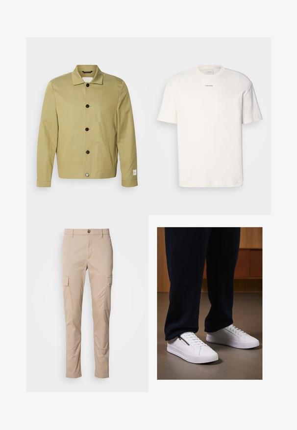 Világos oliva zöld vászonzakó, egyenes szabással, fekete gombokkal és egy címkével az ujjon. Nincsenek látható minták vagy díszítések.; Fehér pamut póló, kerek nyakkal, rövid ujjakkal és hímezett "Calvin Klein" logóval a mellkas közepén. Egyszerű design.; Beige cargo nadrág, két oldalsó zsebbel, slim fit szabással, könnyű anyagból készült, elöl gombos záródással és övhurkokkal.; Fehér sneakers, sima bőr felülettel, lapos talppal és fűzős dizájnnal. Oldalsó cipzár részlet a funkcionalitás érdekében. Sötét jogging nadrággal párosítva.