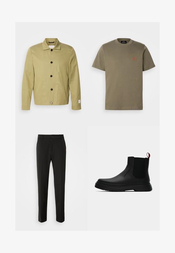 Licht olijfgroene jas van linnen, met een rechte snit, zwarte knopen en een label op de mouw. Geen patronen of versieringen zichtbaar.; Olijfgroene katoenen T-shirt met een ronde hals, korte mouwen en een klein rood geborduurd logo op de linker borst.; Zwarte broek van gladde stof, met rechte pijpen, een knoopsluiting en een klassiek ontwerp dat geschikt is voor zowel formele als casual gelegenheid.; Zwarte enkelboot met een gladde afwerking, elastische zijpanelen en een contrasterende rode treklus, met een dikke rubberen zool en een afgeronde teen.