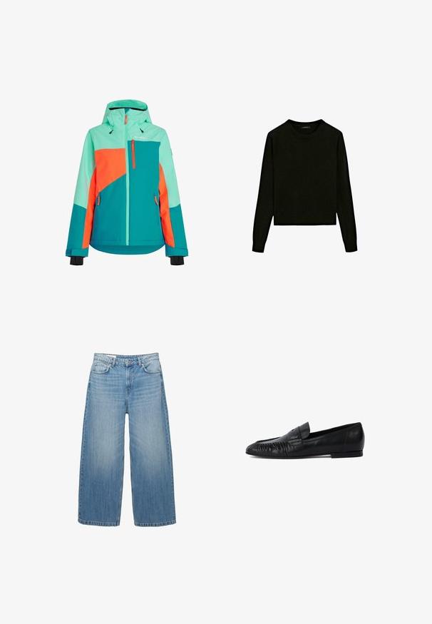 Kolorowa kurtka narciarska w odcieniach teal, jaskrawej pomarańczy i miętowej zieleni. Posiada kaptur, zamki błyskawiczne i regulowane mankiety.; Czarny sweter wykonany na szydełku z okrągłym dekoltem, długimi rękawami i skróconym fasonem. Wykonany z miękkiego materiału o gładkiej fakturze.; Jasnoniebieskie dżinsy o szerokich nogawkach, wykonane z denimu, charakteryzujące się klasycznym pięciopocketowym fasonem i zapięciem na guzik. Przez cały materiał widoczny jest efekt wypłowienia.; Czarne skórzane mokasyny z zaokrąglonym noskiem, haftem z przodu i płaską podeszwą. Minimalistyczny design z subtelnym akcentem logo.