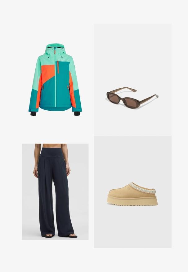 Barvna smučarska jakna, ki združuje teal, svetlo oranžno in metino zeleno. Vključuje kapuco, zadrge in nastavljive manšete.; Bela pletena jopica z V-izrezom in dolgimi rokavi. Ima strukturiran rombast vzorec in majhen logo na levem prsnem delu.; Bela majica bez rukavov z nastavljivimi naramnicami, prilegajoča zasnova, gladka tekstura tkanine in okrogli izrez. Brez vzorcev ali dodatkov.; Ženska stoji oblečena v temne, široke hlače z visokim pasom, ki jih kombinira s sandalami, kar prikazuje udoben in sproščen stil.; Tan zamahani čevlji brez vezalk z oblazinjeno ovratnico in strukturiranim svetlo modrim poudarkom. Imajo debel, trpežen podplat z vzorčastim profilom.; Rjave ovalne sončne naočare s temnimi lečami. Obloge so narejene iz prozorne rjave materiale in imajo na templjih natisnjeno logo.; Tkanina bež torba z naborjanjem in enim naramnim trakom. Ima teksturiran vzorec po celotni površini.