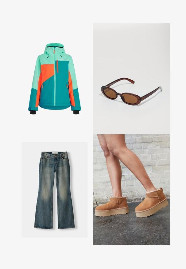 Colorful ski jacket featuring a mix of teal, bright orange, and mint green. Includes a hood, zippers, and adjustable cuffs.; White knitted sweater with a v-neck and long sleeves. Features a textured diamond pattern and a small logo on the left chest.; Blue flared jeans with a faded wash, five pockets, and a button closure. Material shows a denim texture with subtle stitching details.; Brown suede ankle boots with a plush lining, thick beige platform sole, and a rear pull tab. Textured surface with visible stitching details.; Round, brown-tinted sunglasses with a glossy burgundy frame. Slim arms with subtle branding detail. Flat lens design.; Brown suede hobo bag with a slouchy shape, featuring a curved top handle and triangular panel details on the front and back.