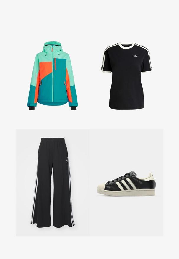 Kleurrijke skijas met een mix van teal, feloranje en muntgroen. Inclusief een capuchon, ritsen en verstelbare manchetten.; Zwarte katoenen t-shirt met witte accenten op de kraag en mouwen, met drie witte strepen op elke schouder en een klein logo op de borst.; Zwarte wijde sweatpants met een elastische tailleband, met witte zijstrepen en een geborduurd logo op de linker dij.; Zwarte leren sneaker met witte strepen, rubberen teenbescherming, zwarte veters en een crèmekleurige loopzool. Glad oppervlak met een glanzende afwerking.