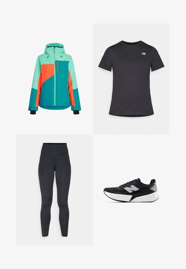 Barevná lyžařská bunda s kombinací smaragdové, jasně oranžové a mátové zelené. Obsahuje kapuci, zipy a nastavitelné manžety.; Černé tričko s krátkým rukávem vyrobené z měkké tkaniny, s malým šedým logem New Balance na levé horní části hrudi, klasický design s kulatým výstřihem.; Černé legíny s vysokým pasem vyrobené z elastického materiálu, s hladkým povrchem a přiléhavým střihem, s minimem švů.; Černobílá běžecká bota New Balance s tlustou podrážkou, síťovaným svrškem a logem "N" na boku, sledována z vnější strany.