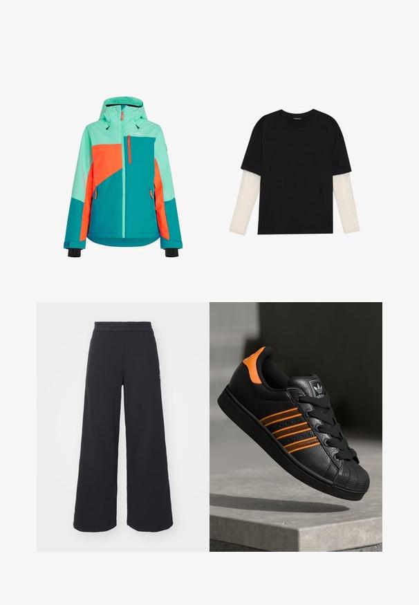 Colorful ski jacket featuring a mix of teal, bright orange, and mint green. Includes a hood, zippers, and adjustable cuffs.; Black T-shirt made of cotton, featuring short sleeves over a white long-sleeve layer with a subtle textured pattern. Crew neckline design.; Black wide-leg sweatpants made from soft fabric, featuring an elastic waistband and a small logo on the left side.; Black sneaker with orange accents, three horizontal stripes, textured leather upper, rubber toe cap, and black laces.