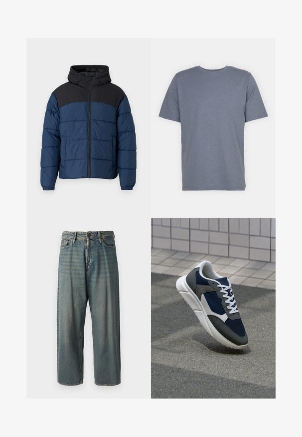 Námornícky modrá prešívaná bunda s čiernymi ramenami, so zipsom na prednej strane, kapucňou a elastickými manžetami. Nepremokavý materiál s prešívanou textúrou.; Šedé tričko s krátkymi rukávmi a okrúhlym výstrihom, vyrobené z jemnej bavlnenej zmesi. Jednoduchý dizajn, bez vzorov alebo akcentov.; Svetlomodré denimové nohavice so voľným strihom, stredne vysokým pásom a rovnými nohavicami. Obsahujú päť vreciek, pútka na opasok a zapínanie na gombík.; Tenisky s sieťovinou v námorníckej modrej farbe, so sivými semišovými detailmi, bielou gumovou podrážkou a plochými bielymi šnúrkami, navrhnuté pre pohodlie a priedušnosť.