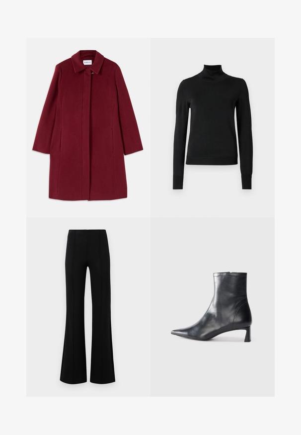 Burgundska volnena plašča s ravnim dizajnom, dolgimi rokavi, stranskimi žepi in ovratnikom s kratkimi zaponkami. Ima sprednji zapon za zapiranje.; Črni pulover s dolgimi rokavi in vratnikom, z rebrastimi манжетами in robom, prikazan na enobarvni beli podlagi.; Črne krilate hlače z visokim pasom, izdelane iz raztegljive tkanine. Imajo vertikalne šive na sprednji strani in gladko teksturo.; Črne usnjene gležnjarje s šiljastim nosom in elegantnim dizajnom. Imajo nizko peto in zadrgo na zadnji strani. Gladka tekstura.