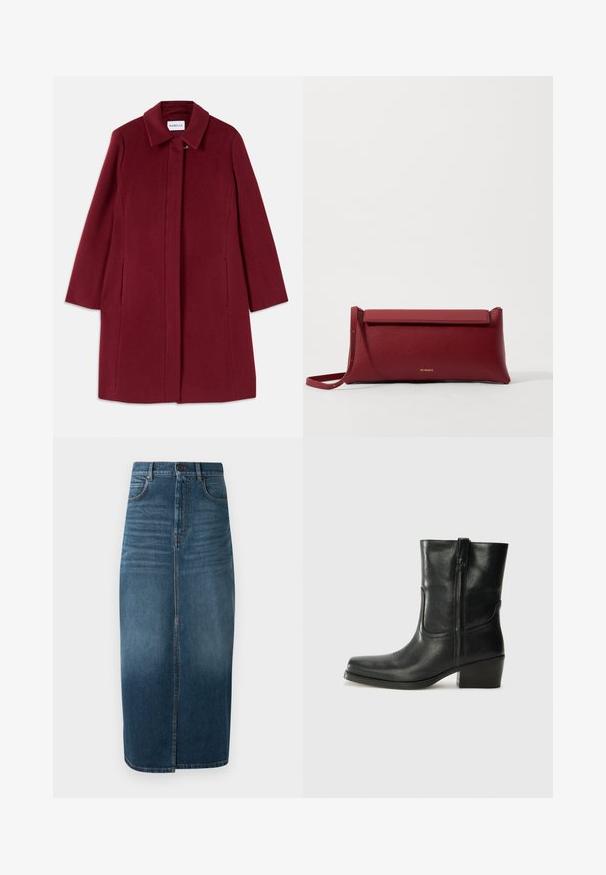 Cappotto in lana borgogna con design dritto, maniche lunghe, tasche laterali e colletto a serratura. Presenta una chiusura con gancetto frontale.; Camicia corta bianca a maniche corte con ricami floreali blu, scollatura rotonda e motivi intricati lungo la parte anteriore e le maniche.; Gonna midi in denim di colore indaco scuro, con spacco frontale e una leggera sfumatura. Design classico a cinque tasche con chiusura a bottone in metallo.; Stivale ankle in pelle nera con punta arrotondata, tacco a blocco, cerniera laterale e dettagli in cucitura sulla tomaia. Texture liscia, design classico.; Borsa a pochette rossa in pelle con finitura texturizzata, dotata di un sopra pieghevole piatto e di una tracolla corta. Logo del marchio discreto sulla parte anteriore.