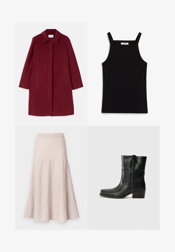 Burgundy wool coat with a straight design, full-length sleeves, side pockets, and a notched collar. Features a front clasp closure.; Black tank top with thin spaghetti straps, made of a ribbed fabric, featuring a straight cut and a label at the neckline reading "IVY OAK."; Light beige flared skirt made from soft fabric, featuring a high waist and gathered design with a flowing silhouette.; Black leather ankle boot with a rounded toe, block heel, side zipper, and stitching accents on the vamp. Smooth texture, classic design.