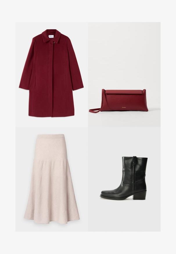 Cappotto in lana borgogna con design dritto, maniche lunghe, tasche laterali e colletto a serratura. Presenta una chiusura con gancetto frontale.; Canotta nera con spalline sottili, realizzata in un tessuto a coste, caratterizzata da un taglio dritto e un'etichetta sul collo che recita "IVY OAK."; Gonna svasata beige chiaro realizzata in tessuto morbido, caratterizzata da una vita alta e un design plissettato con una silhouette fluida.; Stivale ankle in pelle nera con punta arrotondata, tacco a blocco, cerniera laterale e dettagli in cucitura sulla tomaia. Texture liscia, design classico.; Borsa a pochette rossa in pelle con finitura texturizzata, dotata di un sopra pieghevole piatto e di una tracolla corta. Logo del marchio discreto sulla parte anteriore.