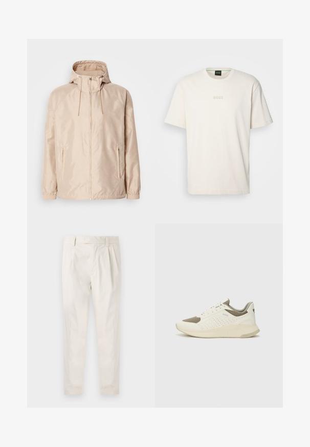 Beige lightweight jacket with a hood, featuring a full zipper, two side pockets, elastic cuffs, and subtle embossed logo pattern.; BOSS TEE - Basic T-shirt - open white; White, pleated trousers with a tailored fit, featuring a smooth texture, belt loops, and tapered legs. No visible pockets or patterns.; White and light beige athletic sneaker, featuring a mesh upper, perforated detailing, and a textured midsole with branding on the heel.