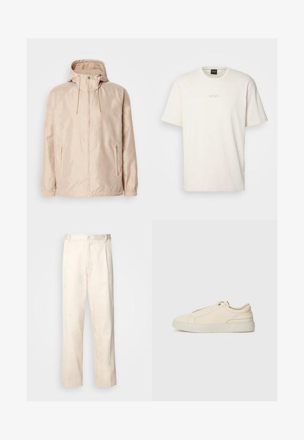 Jachetă ușoară bej cu glugă, cu fermoar complet, două buzunare laterale, manșete elastice și un model subtil embosat cu logo.; BOSS TEE - Tricou basic - open white; Pantaloni din bumbac bej, cu croială dreaptă, dotati cu închidere cu nasture și pliuri în față pentru un plus de detaliu.; Adidași din piele bej cu vârful rotunjit, design minimalist, detalii subtile de cusătură și un superior texturat, pe o talpă deschisă.