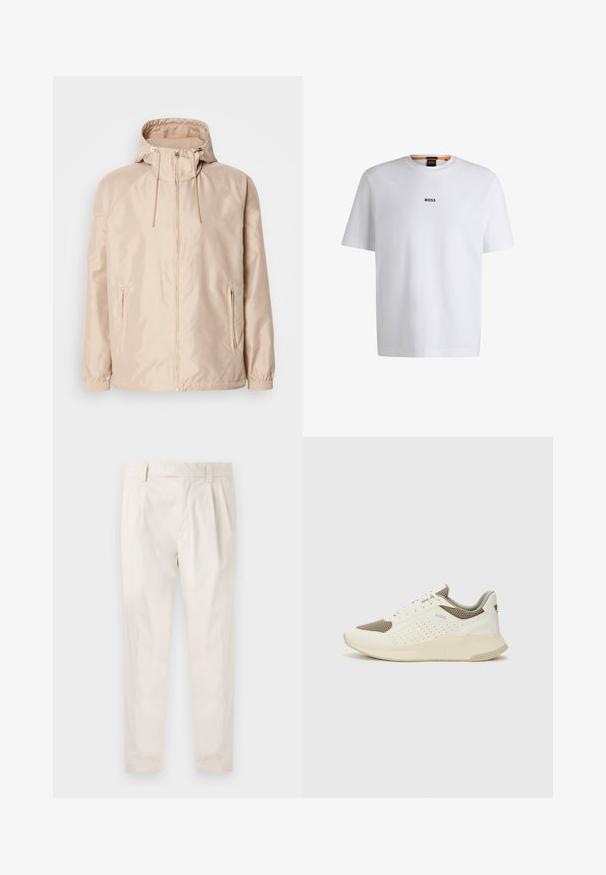Béžová lehká bunda s kapucí, vybavená plným zipem, dvěma bočními kapsami, elastickými manžetami a jemným embosovaným logem.; Bílý bavlněný tričko s krátkým rukávem, se středovým černým logem "BOSS" na hrudi a kulatým výstřihem.; Bílé, plisované kalhoty s upraveným střihem, které mají hladkou texturu, poutka na opasek a zúžené nohavice. Bez viditelných kapes nebo vzorů.; Bílé a světle béžové atletické tenisky, které mají síťovaný svršek, perforované detaily a texturovanou mezipodešev s logem na patě.