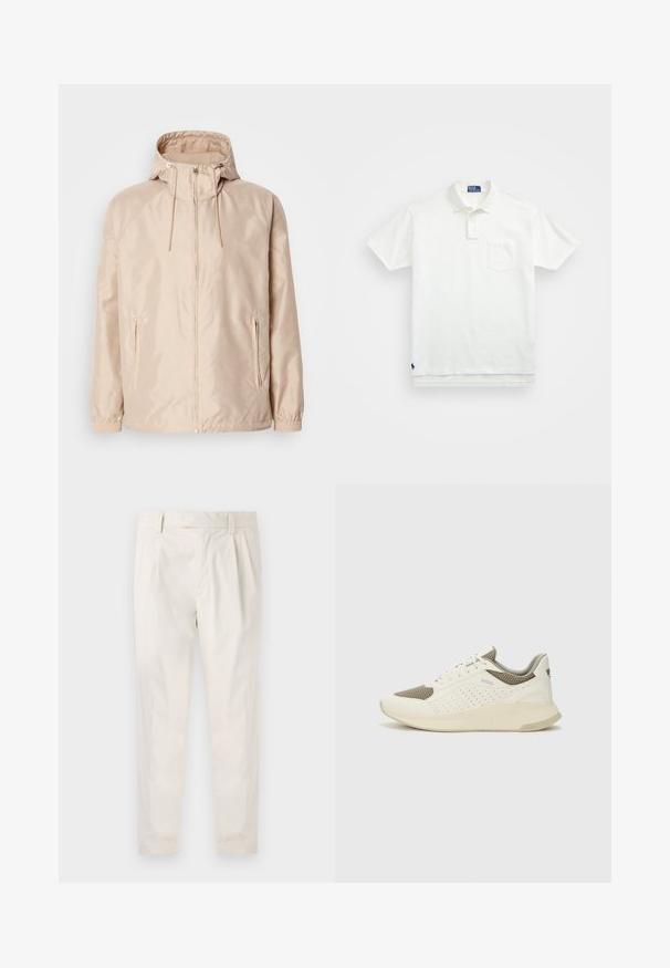 Beez värvi kerge jope kapuutsiga, täis- tõmblukuga, kahe küljetaskuga, elastsete mansettidega ning diskreetse reljeefse logoga.; Valge polo särk, mis on valmistatud puuvillast, klassikalise kraega, kolme nööbiga kinnitusega ja vasakul rinnal taskuga; väike logo helmel.; Valged volditud püksid, mis on kohandatud sobivusega, sujuva tekstuuriga, vööloopidega ja kitsenevate jalgadega. Pole nähtavaid taskuid ega mustreid.; Valge ja heledat beeži värvi spordijalats, millel on õhuke võrkmaterjal, perforatsioonidega detailid ning tekstuuriga vahetald, millel on brändi logo kannaosas.