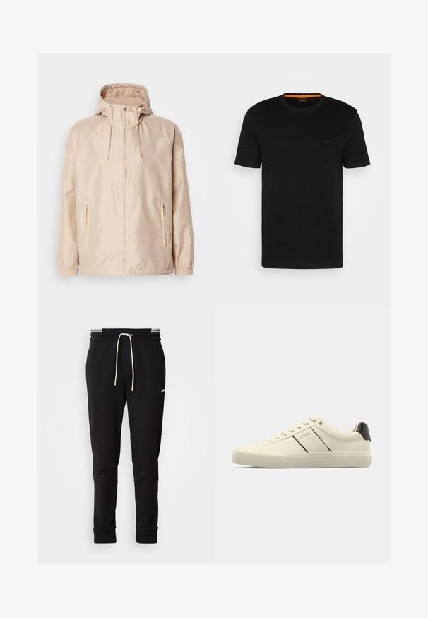 Beez värvi kerge jope kapuutsiga, täis- tõmblukuga, kahe küljetaskuga, elastsete mansettidega ning diskreetse reljeefse logoga.; Must t-särk lühikeste varrukatega, valmistatud pehmest kangast, ümarate kaelustega ja esiküljel diskreetse logoga. Kaela sees on oranž aktsent.; Mustad slim-fit spordipüksid valge paelaga, ribakudumiga sääreotstes ja õrn logo ülemisel reies, mille taust on lihtne.; Kreemikaalased sneekerid sileda pinnaga, millel on mustad aktsendid ja bränding. Klassikaline paeltega mudel ümmarguse ninaga ja kummist tallaga.