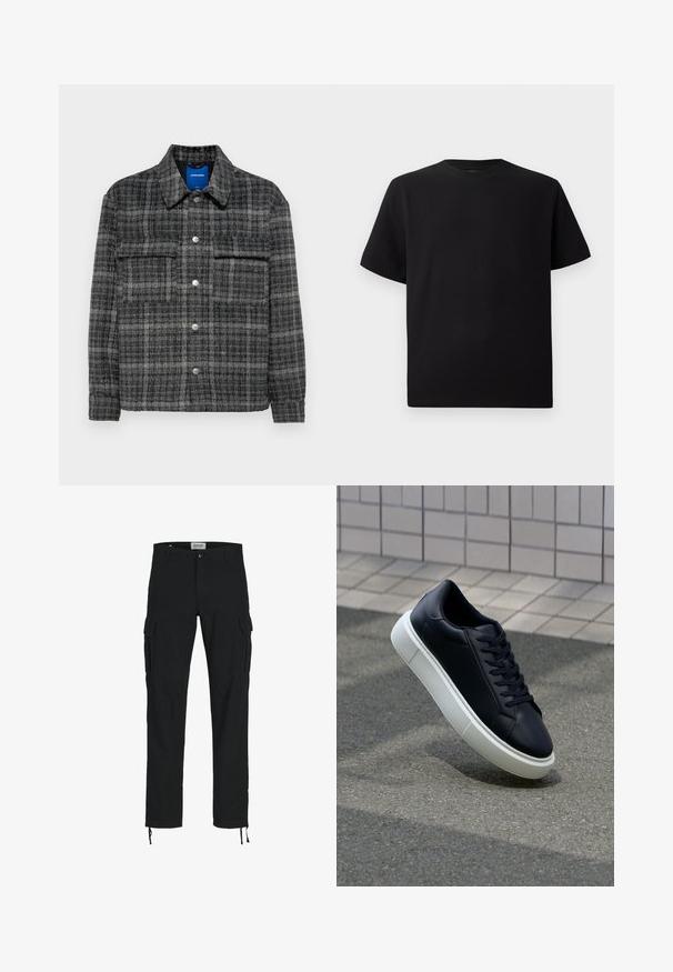 Pilkos langų rašto striukė su mygtukų uždarymu priekyje, dviem krūtinės kišenėmis ir apykakle. Minkšta, tekstūruota medžiaga su sidabrinės spalvos mygtukais.; Juodas trumpomis rankovėmis marškinėliai, pagaminti iš tekstūruotos medžiagos, su apvaliu iškirpimu ir laisvu siluetu. Paprasti, be raštų ar akcentų.; Juodos krovinių kelnės su tiesiu kirpimu, turinčios šonines kišenes, sagų užsegimą ir elastingas raišteles kulkšnose. Pagamintos iš tvirto audinio.; Juodas odinis sportbačius su apvaliu pirštu ir baltu gumuotu padu. Turi plokščias raišteles ir minimalų siuvimą viršuje. Padangos tekstūra užtikrina sukibimą.