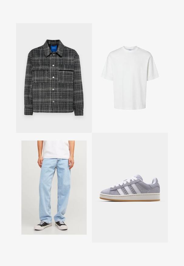 Szary w kratkę żakiet z zapięciem na guziki, dwoma kieszeniami na piersi i kołnierzykiem. Miękka, teksturowana tkanina z guzikami w odcieniu srebra.; Biała bawełniana koszulka z krótkim rękawem, okrągłym dekoltem i luźnym krojem. Gładka struktura bez widocznych wzorów czy akcentów.; Jasnoniebieskie dżinsy o luźnym kroju, z prostymi nogawkami i standardowym przeszyciem, w zestawieniu z czarnymi trampkami.; Szare zamszowe trampki z białymi paskami, okrągłym noskiem i gumową podeszwą. Zawierają perforacje po bokach oraz teksturowany uchwyt na pięcie.