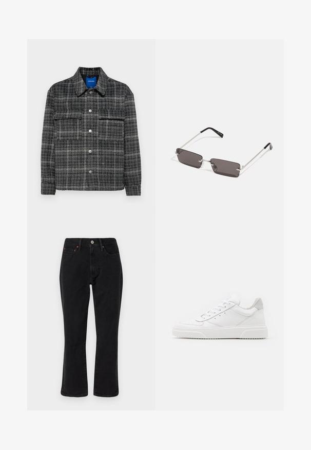 Grey plaid jacket with a button-up front, two chest pockets, and a collared neckline. Soft, textured fabric with silver-tone buttons.; White cotton t-shirt featuring short sleeves, crew neck, and a red graphic text "DELICIOUS REFRESHING FRUIT" on the front.; Black denim jeans featuring a straight leg design, five-pocket style, and metal hardware with copper accents. Smooth texture and medium rise.; White leather sneakers with a smooth finish, rounded toe, flat laces, and a textured sole. Grey suede accent at the heel.; Sunglasses with rectangular, dark grey lenses, silver metal frames, and black plastic tips on the arms. Lightweight design with nose pads.