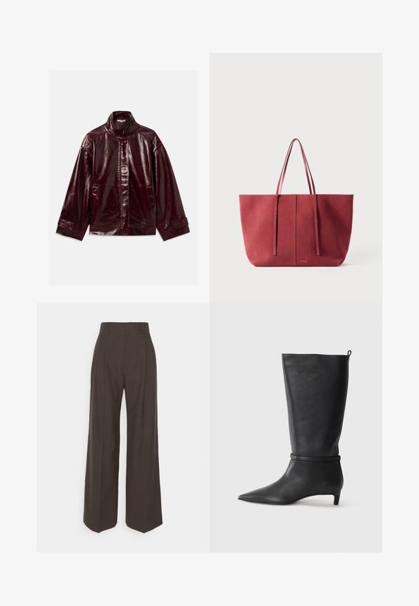 Lesklá tmavě burgundská kožená bunda s vysokým límcem, předním zapínáním na druky, bočními kapsami a nastavitelnými cuffy na druky.; Černý rolák vyrobený z měkké látky, s ribkovanými detaily na límci a manžetách, uvolněný střih a postranní rozparky.; Tmavě hnědé kalhoty s širokými nohavicemi a vysokým pasem, s elegantně vyžehlenými puky, hladkou texturou a přesným střihem.; Černé kožené kozačky ke kolenům s špičatou špičkou, zdobené kulatým páskem kolem kotníku a nízkým, zužujícím se podpatkem. Hladký povrch.; Červená nubuková taška přes rameno s dvěma dlouhými uchy, minimalistickým designem a hladkým povrchem, se středovým švem a jemným logem.