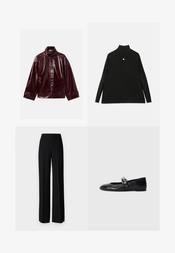 Glänzende dunkelburgunderfarbene Lederjacke mit hohem Kragen, vorderer Druckknopfverschluss, Seitentaschen und verstellbaren Druckknopfmanschetten.; Schwarzer Rollkragenpullover mit langen Ärmeln, ausgestattet mit einem kleinen weißen Herz-Emblem auf der Brust. Weicher Stoff und lockere Passform.; Schwarze weite Hosen mit einer glatten Textur, ausgestattet mit einem hohen Bund und mittleren Falten. Keine sichtbaren Muster oder Hardware-Details.; Schwarze Ballettflat mit spitzer Spitze, ausgestattet mit einem Riemen und einer runden, metallischen Schnalle sowie einer flachen Sohle.