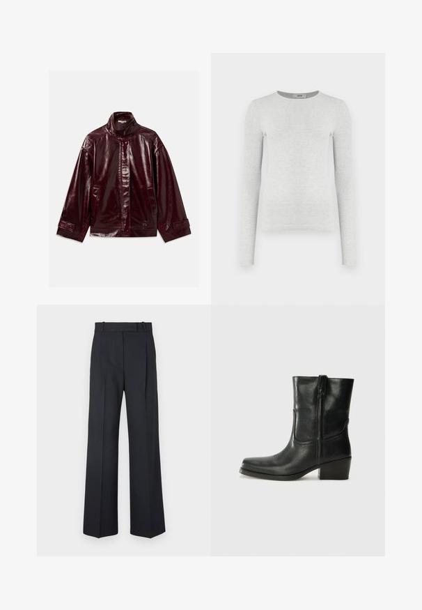 Glansfuld mørk burgunder læderjakke med høj krave, foran lukning med trykknapper, sidelommer og justerbare manchetter med trykknapper.; Langærmet grå ribstrikket top, rund halsudskæring, tætsiddende silhuet, glat tekstur, uden synlige logoer eller dekorationer.; Mørkeblå stribede bukser med høj talje, vidde bendesign og ingen synlig hardware eller dekorationer. Glat tekstur og skræddersyet pasform.; Sort læder ankelstøvle med rundt tå, blokhæl, lynlås i siden og stikninger på vampsiden. Glat tekstur, klassisk design.
