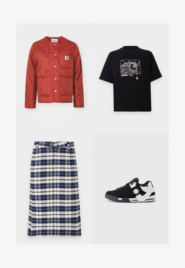 Carhartt WIP KYLA LINER - Giacca da mezza stagione - vermillion; Maglietta nera in cotone con maniche corte. Presenta una grafica e un logo a ragnatela bianca sul davanti. Scollo rotondo semplice.; Gonna tartan in navy, bianco e grigio. Presenta una silhouette dritta, chiusura con bottone e una sottile texture con motivo a griglia.; Sneaker bianco e nero realizzato in materiali scamosciati e mesh. Presenta un logo a stella prominente e accenti audaci sul lato, con una suola imbottita.