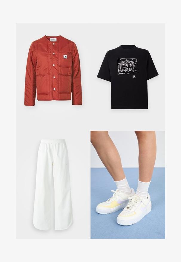 Carhartt WIP KYLA LINER - Lengva striukė - vermillion; Juodas medvilnės marškinėliai su trumpomis rankovėmis. Priekyje yra balta voratinklio grafika ir logotipas. Paprastas apvalus iškarpymas.; Balti sportiniai keliai su platėjančiomis kojomis, su įtemptu juosmeniu ir subtilia logotipo detale. Lygus audinys, laisvas kirpimas ir siaurėjantis apatinis kraštas.; Baltos odinės sportbačiai su geltonais ir levandų akcentais, apvaliu pirštu, plokščiomis raišteliais ir tekstūruota guma. Dėvimi su baltais kojinėmis.