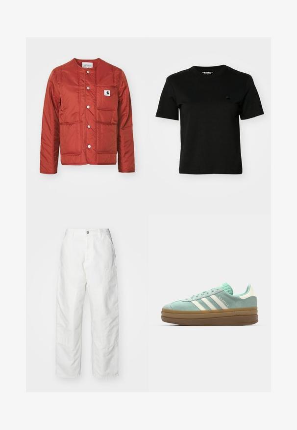Carhartt WIP KYLA LINER - Übergangsjacke - vermillion; Schwarzes T-Shirt aus Baumwolle. Kurze Ärmel und runder Halsausschnitt. Mit einem kleinen, dunklen Logo auf der linken Brust. Schlichtes, klassisches Design.; Weiße Cargo-Hosen aus Denim mit lockerer Passform, Seitentaschen und sichtbaren Nähdetails. Schlichte Vorderseite mit Knopfverschluss.; adidas Originals GAZELLE BOLD - Sneaker low - ash green/off white