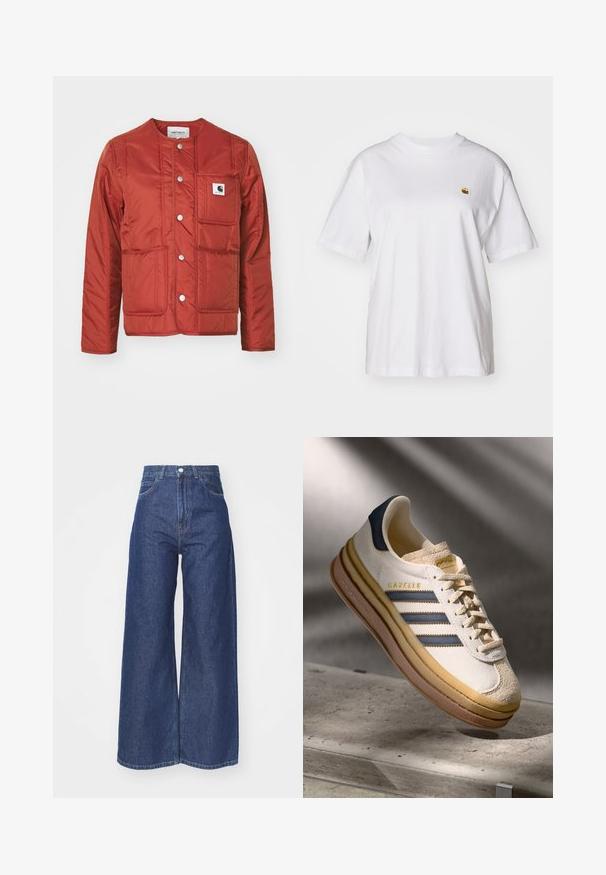 Carhartt WIP KYLA LINER - Lengva striukė - vermillion; Balta medvilnė marškinėliai su laisvu sijonu, trumpomis rankovėmis ir maža siuvinėta logo kairėje krūtinės pusėje.; Plati kojinės džinsai iš tamsiai mėlyno džinsinio audinio. Aukštas liemuo, užsegimas užtrauktuku ir mygtuku. Yra penkių kišenių stilius ir apdirbti kraštai.; Adidas Gazelle sportbačiai su kremine zomšine viršutine dalimi, mėlynomis odinėmis detalėmis, trimis mėlynomis juostelėmis, béžiniu tarpu ir rudąja guma.