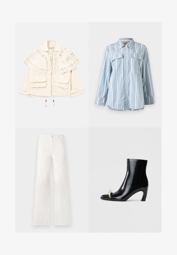 Kremkrāsas jaka ar viļņotu, izšūtu apmetni, divām priekšējām kabatām ar pārklājumu, pogu aizdari un regulējamiem piedurkņu siksnām.; Gaišzils pogājams krekls ar baltām vertikālām svītrām, divām priekšējām kabatām un garām piedurknēm. Gluda auduma un norādīta apkakle.; Baltas, augsto jostasvietu platās kājas džinsi, izgatavoti no denima. Iekļauj pogu aizdari, divas priekšējās kabatas un sānu šuves ar šuvju detaļām.; Melnas potītes zābaki, izgatavoti no spīdīgas ādas, ar smailu purngalu un dekoratīvu zelta un sudraba akcentu priekšpusē. Bloka papēža dizains.