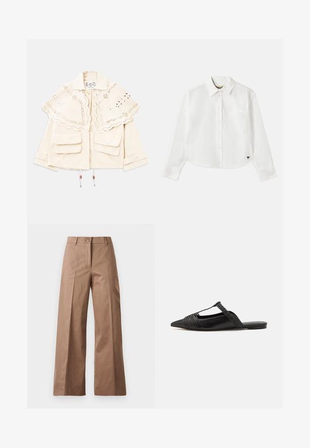 Kremkrāsas jaka ar viļņotu, izšūtu apmetni, divām priekšējām kabatām ar pārklājumu, pogu aizdari un regulējamiem piedurkņu siksnām.; Balta, īsa garuma piedurkņu krekls, kas izgatavots no kokvilnas. Tam ir pogājama priekšpuse, krūšu kabata un mazs melns logo apakšējā kreisajā stūrī.; Brūni platajās kājas bikses, izgatavotas no gludas auduma, ar priekšējo pogu aizdari, divām priekšējām kabatām un tīrām, pielāgotām līnijām.; Melnas ādas slingback kurpes ar norādītu purngali, kurām ir austoša akcenta un krokota augšdaļa. Plakana zole ar minimālu aparatūru.