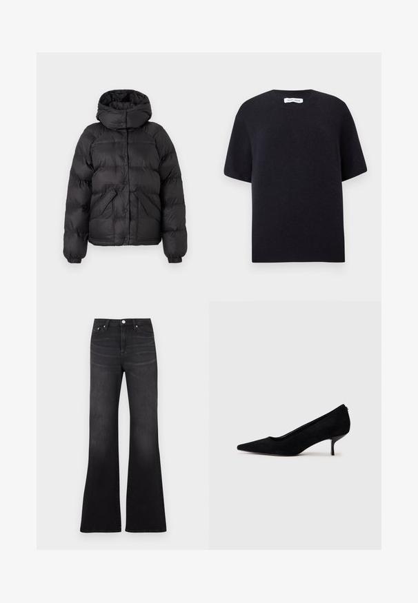 Mustmust hõlmaja, millel on kaalutud disain, nupud ja kaks esikotit. Elastsed mansetid ja kerge lühendatud lõige.; Mustrist kinnastega lühikeste varrukatega sviiter ümmarguse kaelusega ja soonikservaga. Sile tekstuur, lõdva istuvusega. Minimalistlik disain.; Mustad lõhkuvad teksad teksakangast, kõrge vöökohaga, viie taskuga ja kergelt hägunev jalamiste ääres.; Must musta kõrge kontsaga king, millel on terav varvas ja õhuke, madal konts. Sile tekstuur ja sujuv disain, ilma nähtava riistvarata.