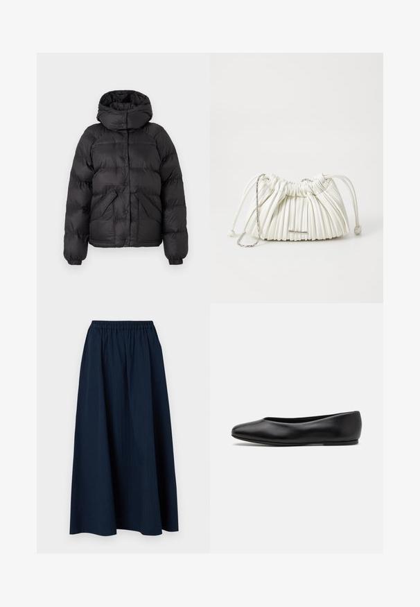 Black puffer jacket with a hood, featuring a quilted design, snap buttons, and two front pockets. Elastic cuffs and a slightly cropped fit.; Gray v-neck sweater made of soft wool-blend fabric, featuring long sleeves and a relaxed fit. Simple, minimal design with no prominent patterns.; Navy blue, full-length skirt made from textured fabric with an elastic waistband and subtle vertical stripes.; Paul Smith TOPANGA - Ballet pumps - black; White pleated handbag made of soft material. Features drawstring closure, braided handles, and a silver-tone hardware accent.