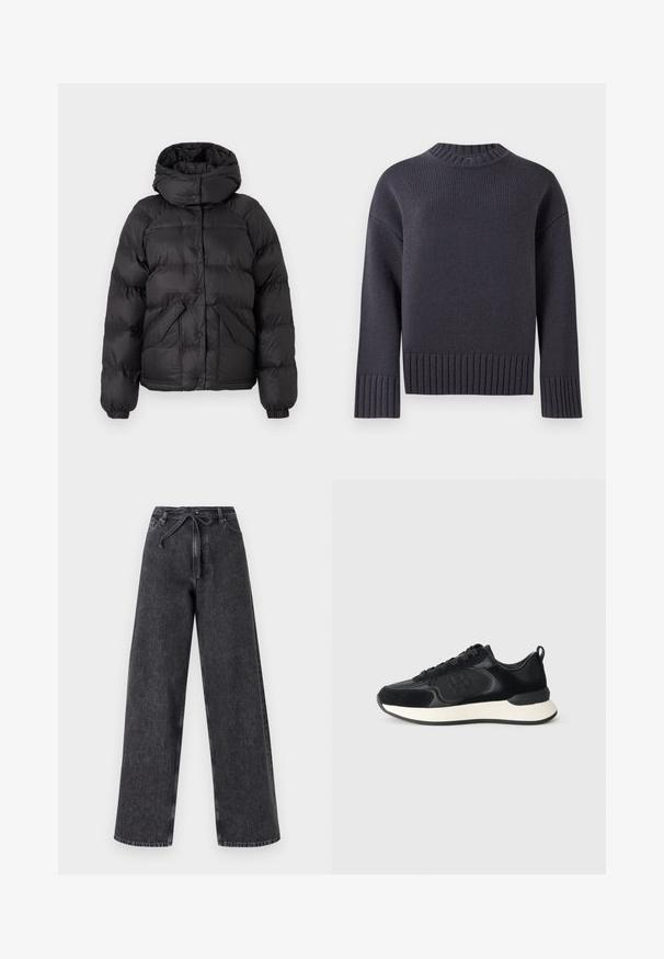 Musta puhvitakki hupulla, jossa on tikattu muotoilu, napit ja kaksi etutaskua. Elastiset hihansuut ja hieman lyhyempi malli.; Merino-neulepusero, jossa on korkea ribattua kaulusta ja leveät ribbauskankaat hihansuissa ja helmassa. Rentoutettu malli ja teksturoitu kangas.; Mustat farkut, joissa on korkea vyötärö ja leveät lahkeet, joissa on kiristettävä nauha. Ominaisuuksina haalistunut pinta ja hienovaraiset ompelu yksityiskohdat.; Musta urheilukenkä, jossa on sileä nahkapäällinen, mokkanahka yksityiskohtia, pyöreä varvas ja kontrastiväri valkoinen välikenkä. Varustettu nauhakiristyksellä ja logoyksityiskohdalla.