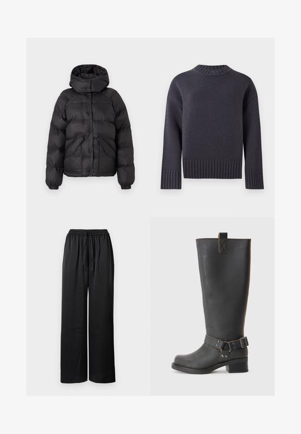 Svart puffjacka med huva, med ett kviltat mönster, tryckknappar och två framfickor. Elastiska ärmslut och en något kortad passform.; Mörkblå stickad tröja med hög ribbad halsringning och breda ribbade ärmslut och nederkant. Har en avslappnad passform och texturerad tyg.; Svart vida byxor med elastisk midja, snörning och slät textur. Har en lös passform för komfort och rörelsefrihet.; Svart läderknähöga stövlar med en texturerad finish, som har en sidobuckla och en låg klack. Detaljerad sömnad längs sömmarna.