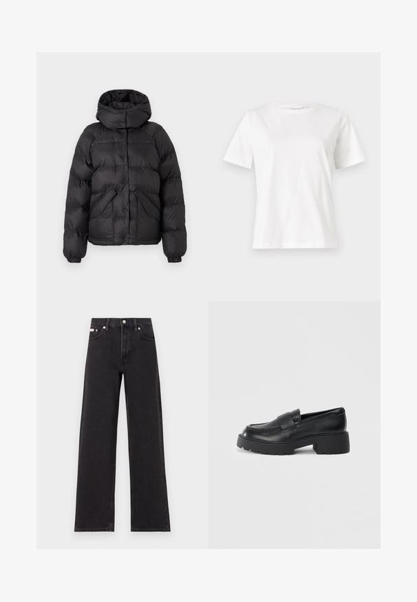 Mustmust hõlmaja, millel on kaalutud disain, nupud ja kaks esikotit. Elastsed mansetid ja kerge lühendatud lõige.; Valge puuvillane T-särk lühikeste varrukatega, ümmarguse kaelusega ja vabalt istuv. Sile tekstuur, ilma mustrite ja aktsentideta, minimalistik disain.; Mustad laiad mustad teksad, millel on kõrge vöökoht, viie tasku stiil ja metallist nööpkinnitus kontrastsete õmblustega.; Musträid nahast loafertossud struktureeritud viimistlusega, millel on ristkülikukujuline rihm vampi üle ja jäme, soonikuga talla disain.