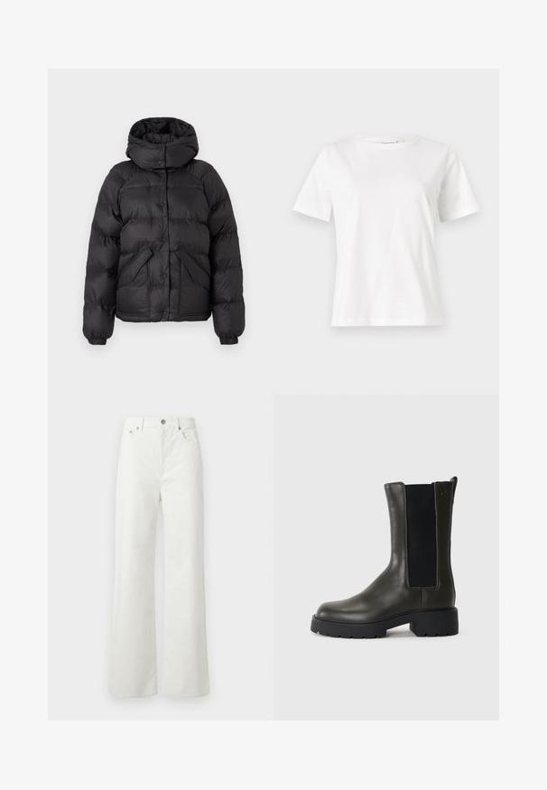 Svart pufferjakke med hette, med kviltet design, trykknapper og to frontlommer. Elastiske mansjetter og en litt cropped passform.; Hvit bomull t-skjorte med korte ermer, rund hals og avslappet passform. Glatt tekstur, ingen mønstre eller detaljer, minimalistisk design.; Samsøe Samsøe SHELLY - Jeans relaxed fit - clear cream; Grønn skinn ankelstøvel med elastiske sidepaneler, rund tå og gummisal. Har en teksturert overflate og blokkhæl.