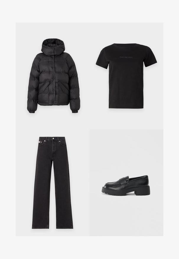Juodas pūkinis švarkas su gobtuvu, pasižymintis siuvinėtu dizainu, užsegamais mygtukais ir dviem priekinėmis kišenėmis. Elastingi rankogaliai ir šiek tiek trumpesnis fasonas.; Juodas medvilninis marškinėliai su apvaliu iškirpimu ir trumpomis rankovėmis. Turi subtilų pilkos spalvos logotipą krūtinės srityje.; Juodos plačios kojų džinsai, pagaminti iš džinsinio audinio, su aukštu liemeniu, penkių kišenių stiliumi ir metaline sagte su kontrastingo siuvimo detalėmis.; Juodi odiniai loaferiai su tekstūruotu paviršiumi, turintys stačiakampę juostą per vampą ir masyviu, nelygiu padu.