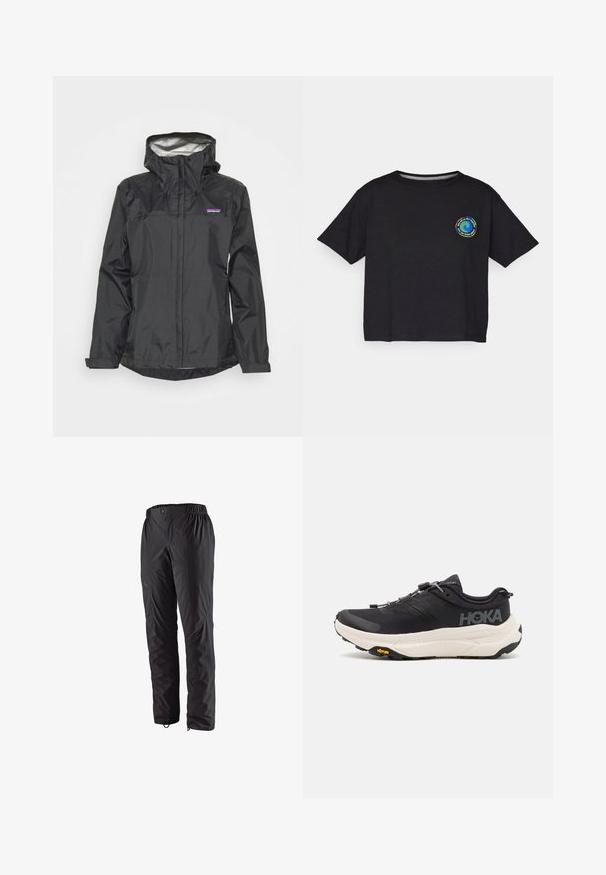Črna vodoodporna jakna s kapuco, sprednjim zadrgo, vrvicami in odsevnimi podloženjami. Ima majhen logo na območju prsi.; Črna bombažna majica s kratkimi rokavi z okroglim večbarvnim logotipom na prsih. Ravno dno in sproščen kroj.; Črne vodoodporne hlače z elastiko v pasu, stranskimi žepi na zadrgo, zoženimi hlačnicami in gladko teksturo. Primerne za zunanje aktivnosti.; Črne športne copate z zračnim mrežastim zgornjim delom, gumijastim podplatom, belim blažilnim srednjim podplatom in odbojnimi vezalkami. Vibram logo na podplatu.