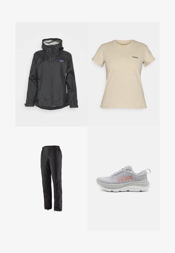 Must must jacket kapuutsiga, ees sektsiooniga, reguleeritavate nööridega ja peegeldava voodriga. Rinnapiiril on väike logo.; Beige Patagonia lühikeste varrukatega T-särk ümmarguse kaelusega, millel on väike must logo vasakul rinnal, esitatud lihtsal taustal.; Mustavad veekindlad püksid elastse vöökoha, külgmiste tõmblukkude, kitsenevate säärejate ja sileda tekstuuriga. Sobivad välistingimustes tegevuseks.; HOKA GAVIOTA 5 - Maanteejooksu jalatsid - harbor mist/rose gold