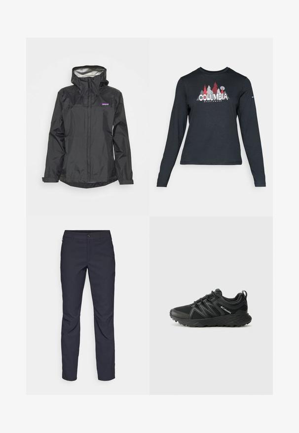 Sort vandtæt jakke med hætte, frontlynlås, snore og en reflekterende inderside. Har et lille logo på brystområdet.; Langærmet mørkegrå skjorte med grafik af røde træer og bjerge; "COLUMBIA" logo i fed hvid tekst. Blødt stof, standard rund hals.; Mørkeblå bukser lavet af glat stof, med en frontknaplukning, tætsiddende design og pressefolder ved knæene.; Columbia PEAKFREAK - Hikingsko - black