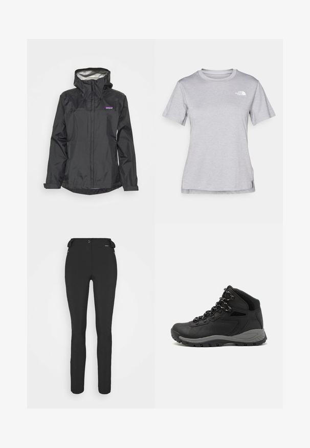 Černá voděodolná bunda s kapucí, předním zipem, šňůrkami na stažení a reflexní podšívkou. Na hrudníku se nachází malé logo.; Šedé tričko s krátkým rukávem vyrobené z měkké, vlhkosti odvádějící tkaniny. Obsahuje kulatý výstřih a malé bílé logo na levém horním rukávu.; Černé, přiléhavé kalhoty vyrobené z pružného materiálu. Mezi funkce patří boční kapsa na zip, anatomické kolena a hladký povrch.; Černé turistické boty s mírně vyšším střihem, které mají texturovaný svršek, šedé detaily a odolnou gumovou podrážku s trakčními výstupky.