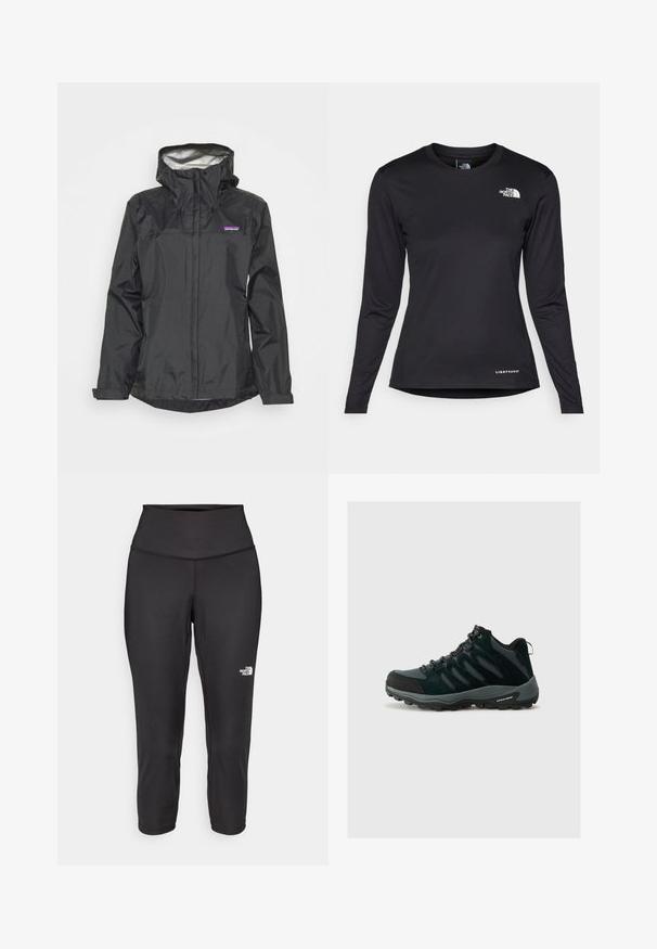 Čierna nepremokavá bunda s kapucňou, predným zipsom, sťahovacími šnúrami a reflexnou podšívkou. Obsahuje malé logo v oblasti hrudníka.; The North Face SHADOW LONG SLEEVE - Top s dlhým rukávom - black; Čierne capri legíny vyrobené z elastickej tkaniny, s vysokým pásom a malým bielym logom na ľavej strane. Hladká textúra.; Columbia REDMOND - Turistické topánky - black/citron haze