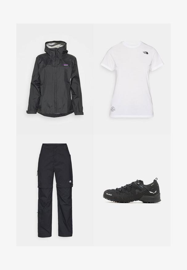 Svart vanntett jakke med hette, frontzipper, snor og reflekterende innerfôr. Har en liten logo på brystområdet.; Hvit bomull T-skjorte med en svart logo på venstre bryst og et grått grafisk design nederst til høyre. Klassisk rund hals og korte ermer.; Svarte nylon cargo-bukser med glidelås og justerbare mansjetter, flere lommer og en logo på høyre bein. Glatt, lett tekstur.; Sorte tursko med teksturert stoffoverdel, snøresystem og røff gummisåle. Utsmykket med reflekterende detaljer og logoer.