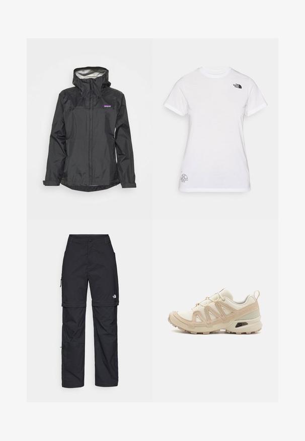 Must must jacket kapuutsiga, ees sektsiooniga, reguleeritavate nööridega ja peegeldava voodriga. Rinnapiiril on väike logo.; Valge puuvillane T-särk, millel on must logo vasakul rinnal ja hall graafiline disain alumises paremas nurgas. Klassikaline ümar kaelus ja lühikesed varrukad.; Mustad nailonist valmistatud eemaldatavad cargo-püksid, reguleeritavate pahkluudega, mitmete taskutega ja paremal jalal logoga. Sile, kerge tekstuur.; Beež ja koobalti spordijalats tekstureeritud võrkkattega, toetavad ülemised kihid ja kummist tallaga, millel on mustriga joonistus haardeks.