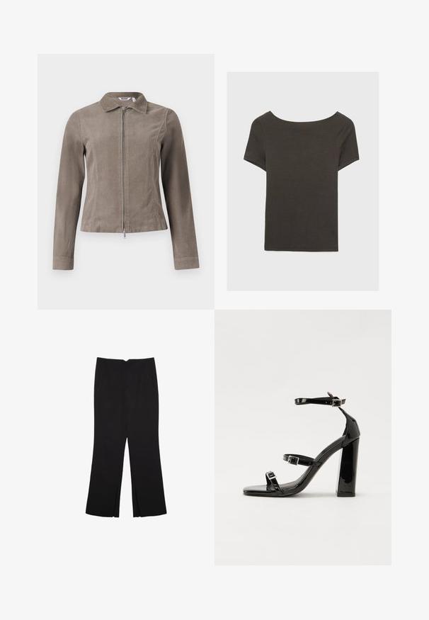 Braune Cordjacke mit Kragen und vorderem Reißverschluss. Verfügt über lange Ärmel und eine taillierte Passform, die eine strukturierte Oberfläche zeigt.; Dunkelgraues Kurzarmoberteil mit Bootsausschnitt. Hergestellt aus geripptem Stoff, mit lockerer Passform und sauberem Saum. Einfaches Design, ohne Muster.; Schwarze Hose mit geradem Schnitt, ausgestattet mit Fronttaschen und Seitenschlitzen am Saum. Hergestellt aus weichem, glattem Stoff. Geeignet für verschiedene Anlässe.; Schwarze patentierte Sandalen mit Absatz, quadratischer Spitze, Knöchelriemen und silbernen Schnallen. Mit einem stabilen Blockabsatz für mehr Stabilität.